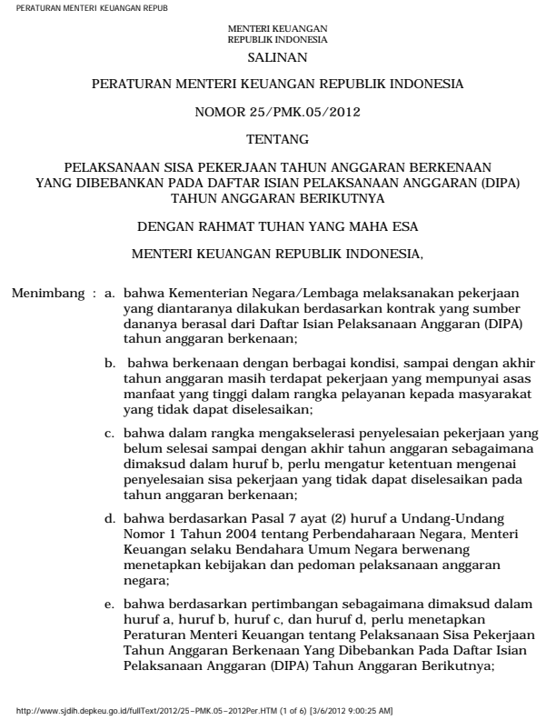 Peraturan Menteri Keuangan Nomor 25/PMK.05/2012