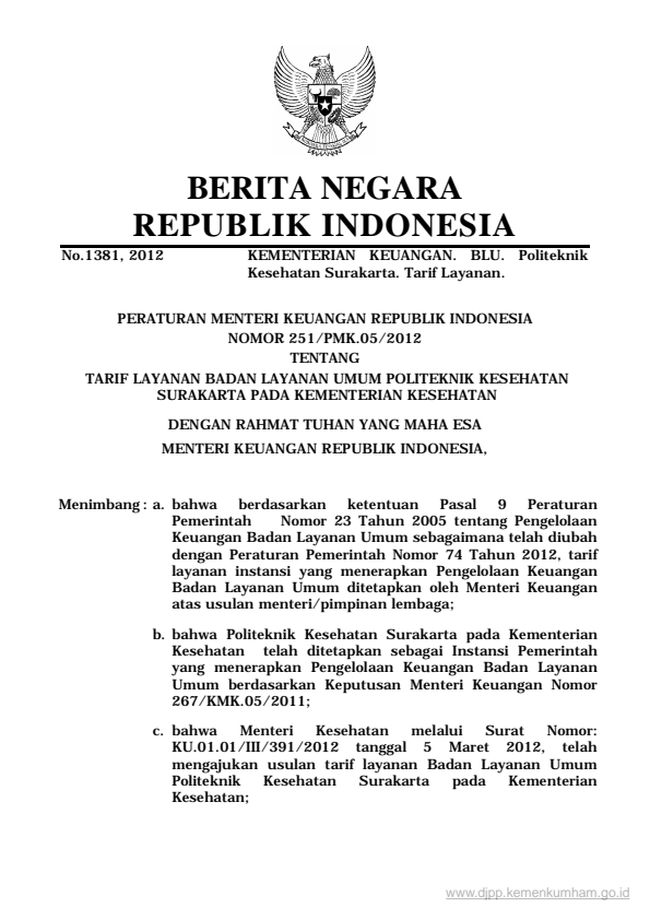 Peraturan Menteri Keuangan Nomor 251/PMK.05/2012