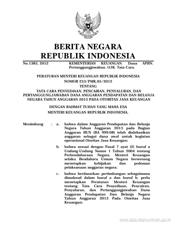 Peraturan Menteri Keuangan Nomor 253/PMK.05/2012