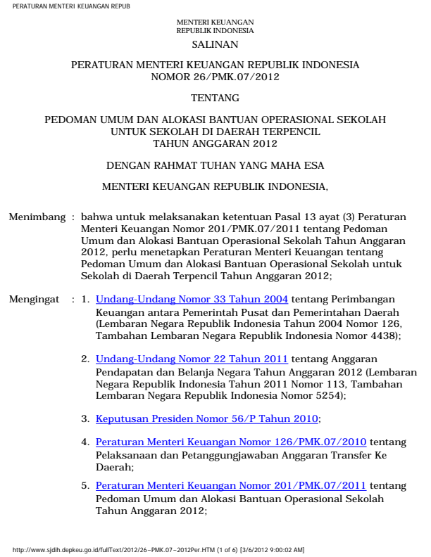 Peraturan Menteri Keuangan Nomor 26/PMK.07/2012