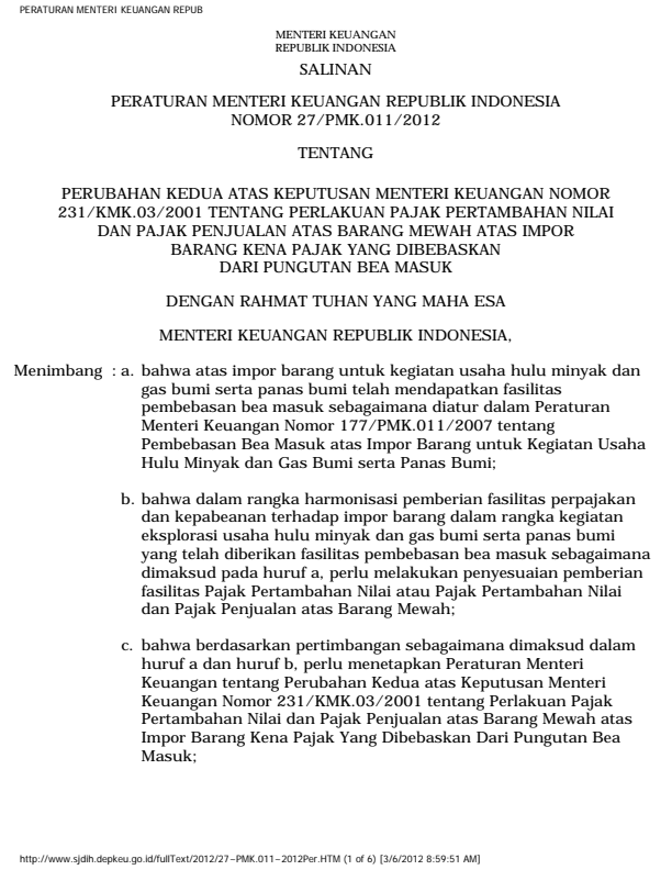 Peraturan Menteri Keuangan Nomor 27/PMK.011/2012