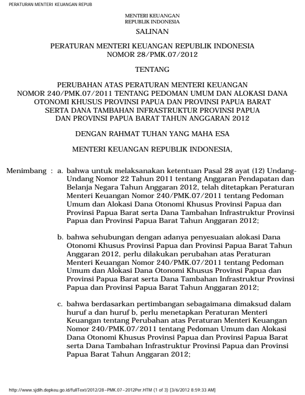 Peraturan Menteri Keuangan Nomor 28/PMK.07/2012