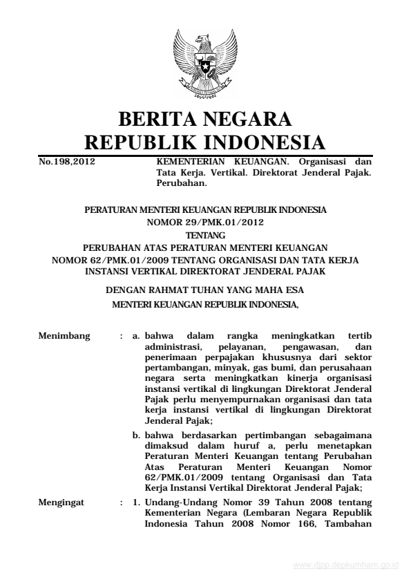 Peraturan Menteri Keuangan Nomor 29/PMK.01/2012