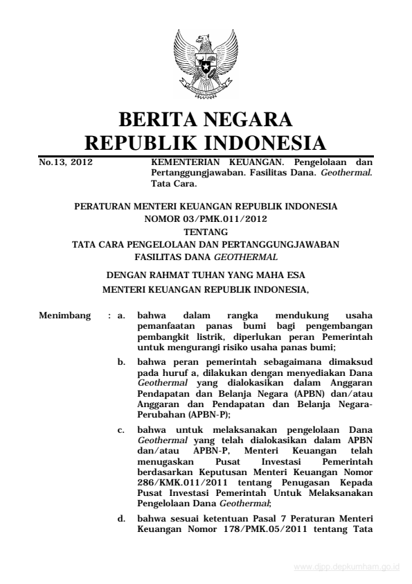 Peraturan Menteri Keuangan Nomor 03/PMK.011/2012