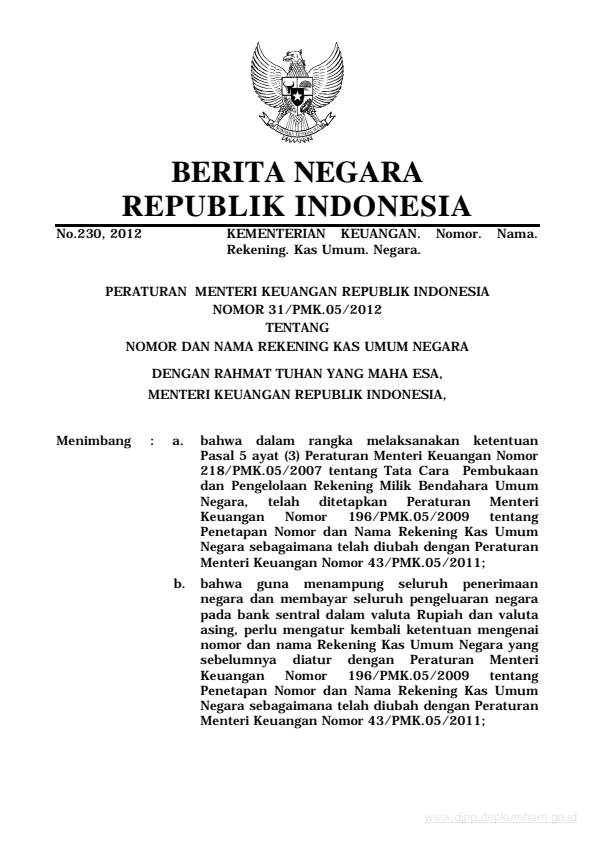 Peraturan Menteri Keuangan Nomor 31/PMK.05/2012