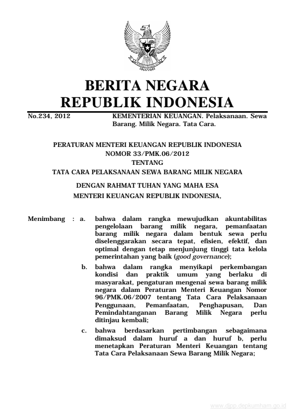 Peraturan Menteri Keuangan Nomor 33/PMK.06/2012