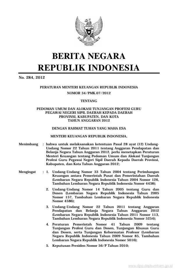 Peraturan Menteri Keuangan Nomor 34/PMK.07/2012