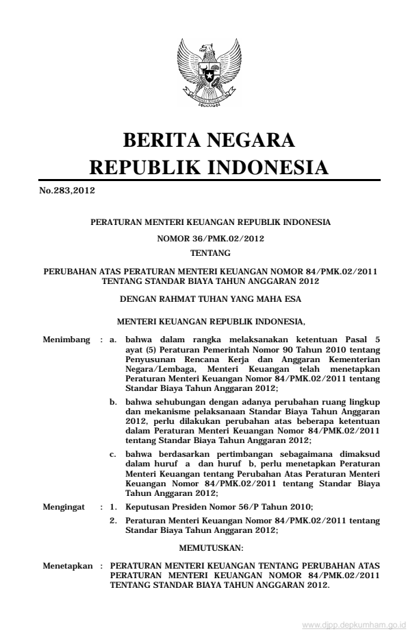 Peraturan Menteri Keuangan Nomor 36/PMK.02/2012