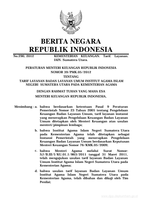 Peraturan Menteri Keuangan Nomor 39/PMK.05/2012