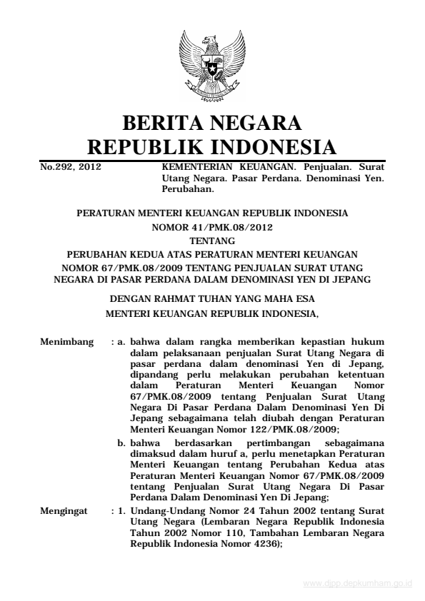 Peraturan Menteri Keuangan Nomor 41/PMK.08/2012