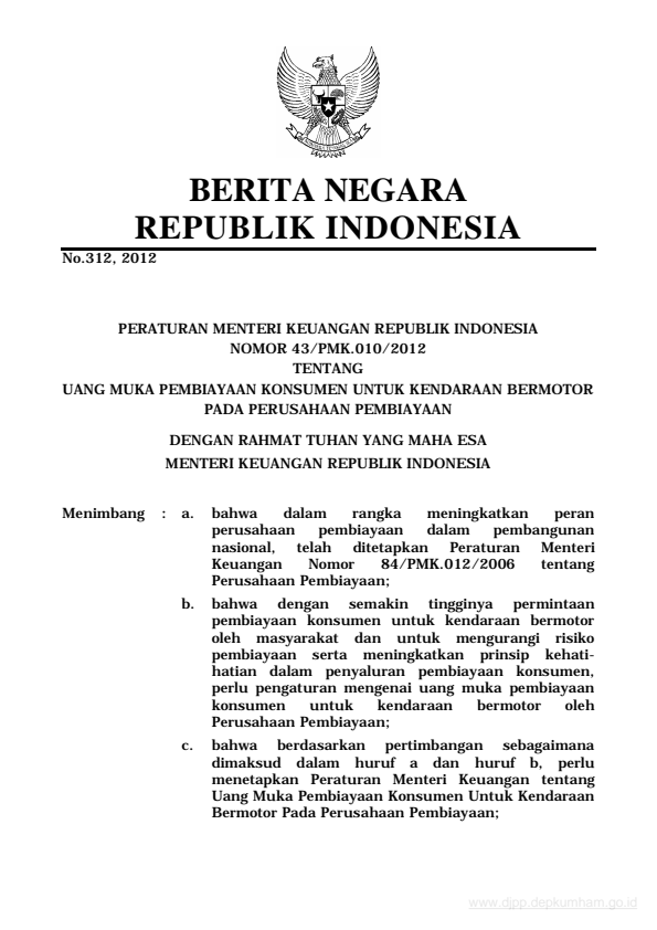 Peraturan Menteri Keuangan Nomor 43/PMK.010/2012