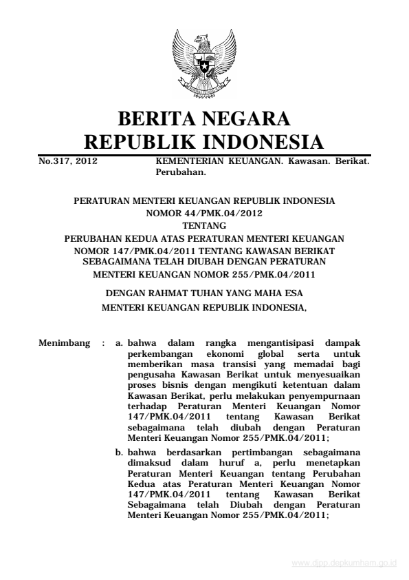 Peraturan Menteri Keuangan Nomor 44/PMK.04/2012