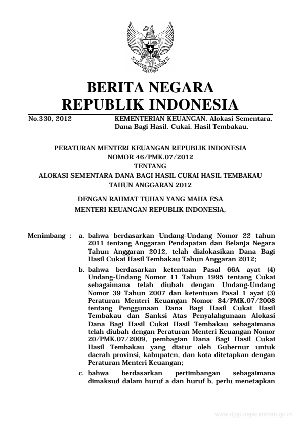 Peraturan Menteri Keuangan Nomor 46/PMK.07/2012