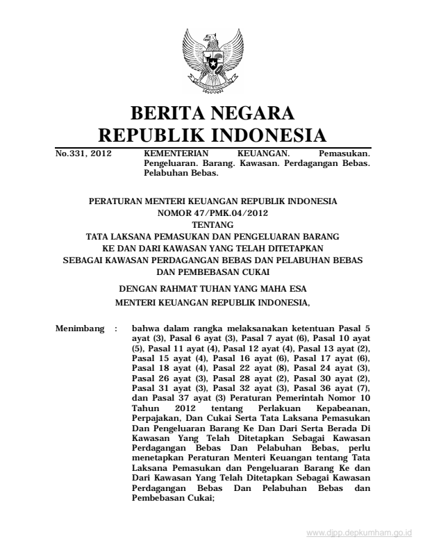 Peraturan Menteri Keuangan Nomor 47/PMK.04/2012