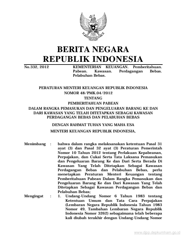 Peraturan Menteri Keuangan Nomor 48/PMK.04/2012