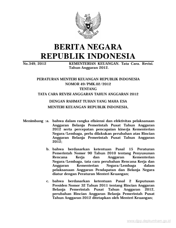 Peraturan Menteri Keuangan Nomor 49/PMK.02/2012