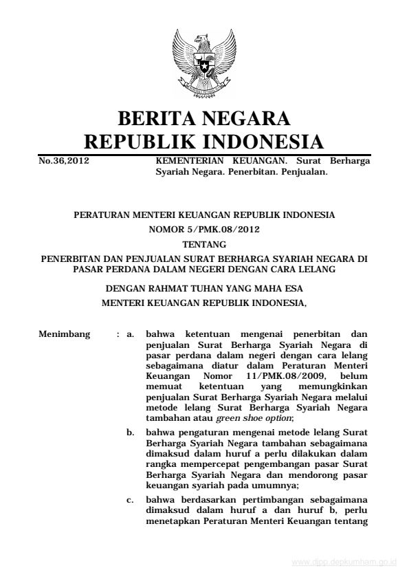 Peraturan Menteri Keuangan Nomor 05/PMK.08/2012