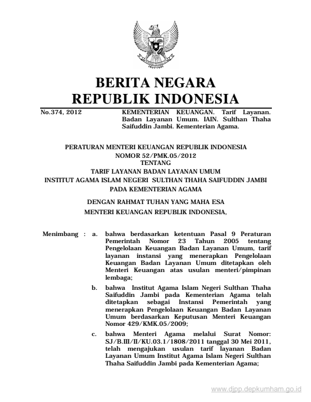 Peraturan Menteri Keuangan Nomor 52/PMK.05/2012