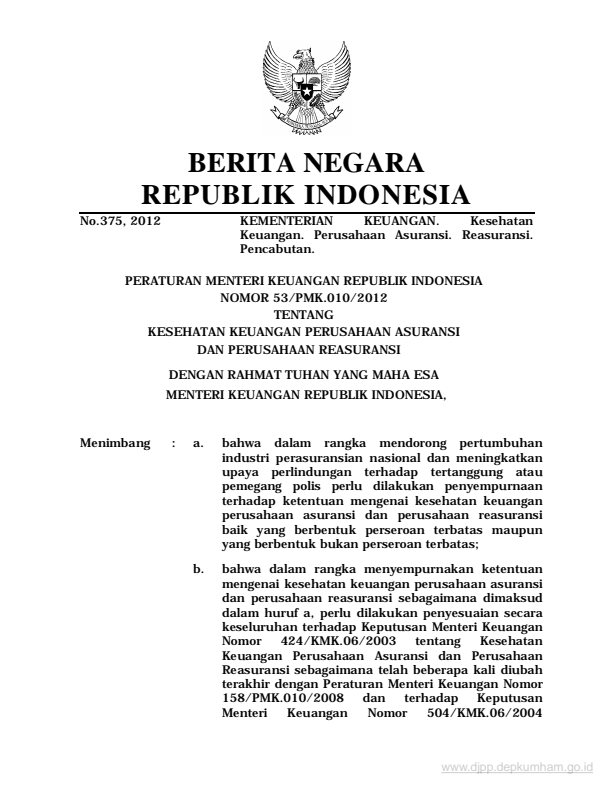 Peraturan Menteri Keuangan Nomor 53/PMK.010/2012