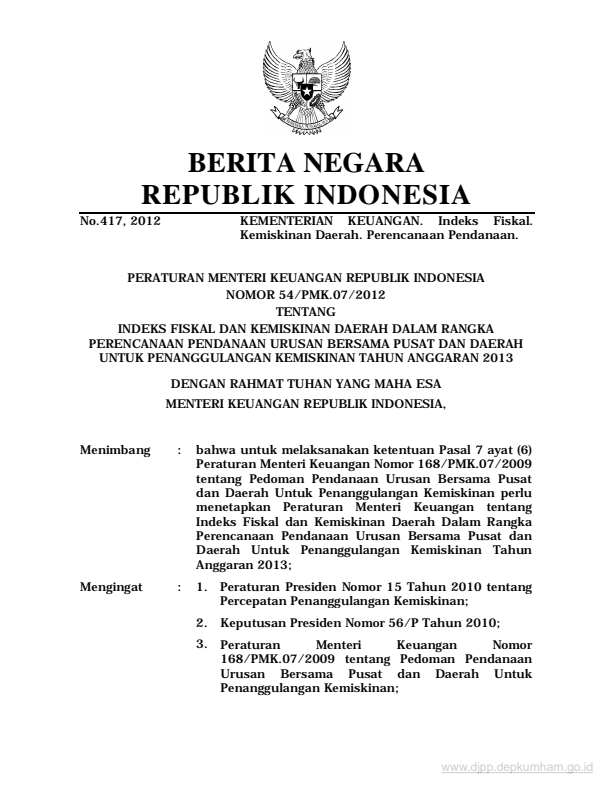 Peraturan Menteri Keuangan Nomor 54/PMK.07/2012