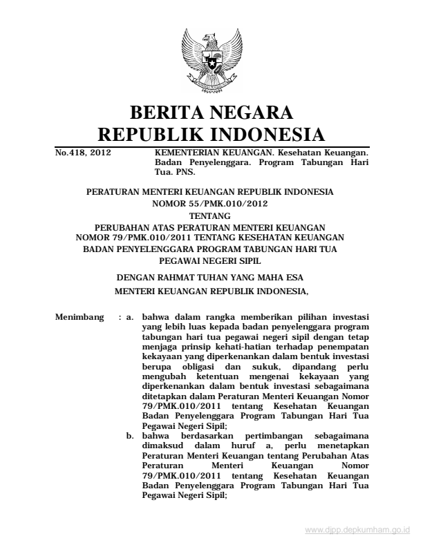 Peraturan Menteri Keuangan Nomor 55/PMK.010/2012