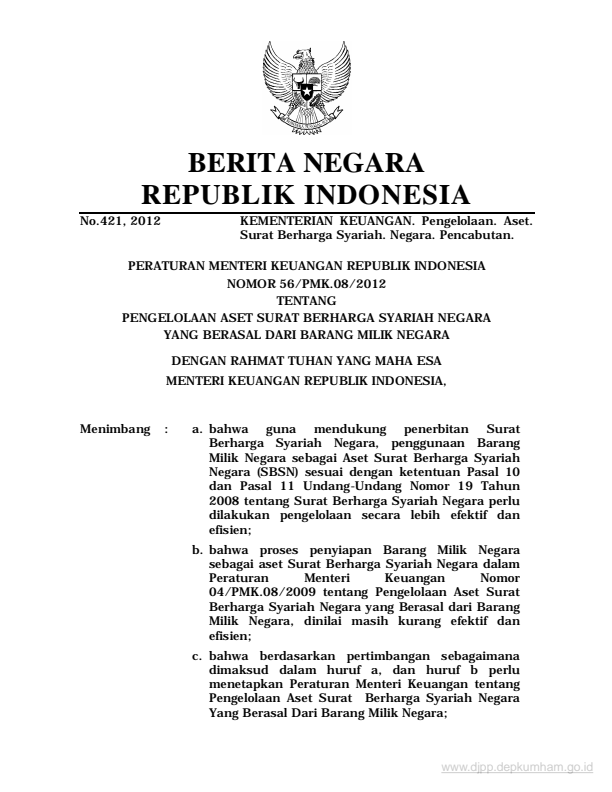 Peraturan Menteri Keuangan Nomor 56/PMK.08/2012