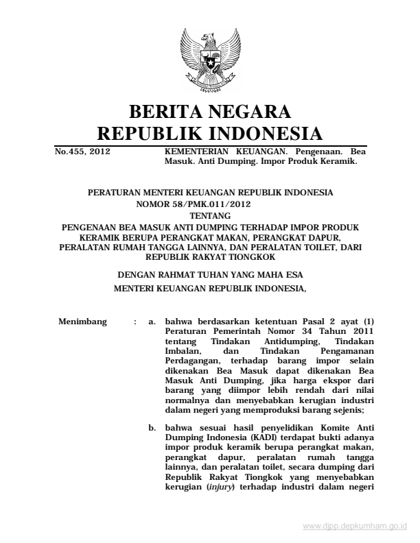 Peraturan Menteri Keuangan Nomor 58/PMK.011/2012