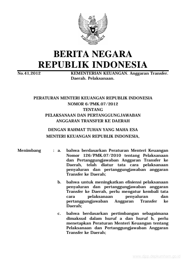 Peraturan Menteri Keuangan Nomor 06/PMK.07/2012