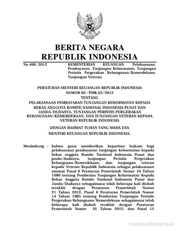 Peraturan Menteri Keuangan Nomor 60/PMK.05/2012