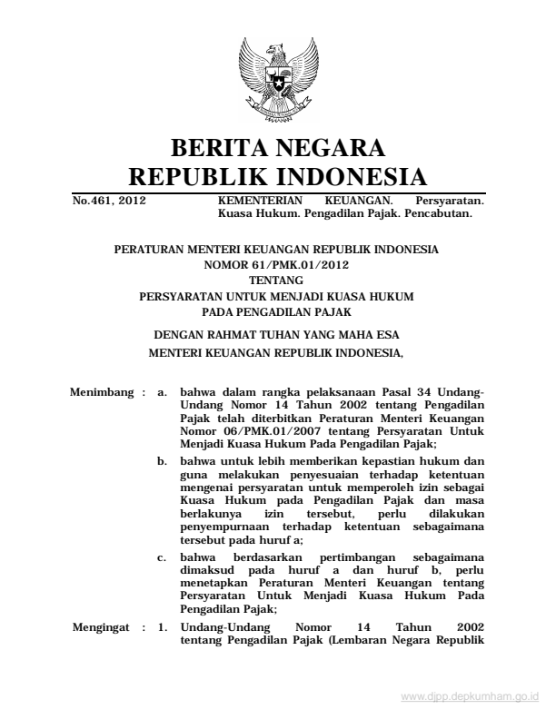 Peraturan Menteri Keuangan Nomor 61/PMK.01/2012