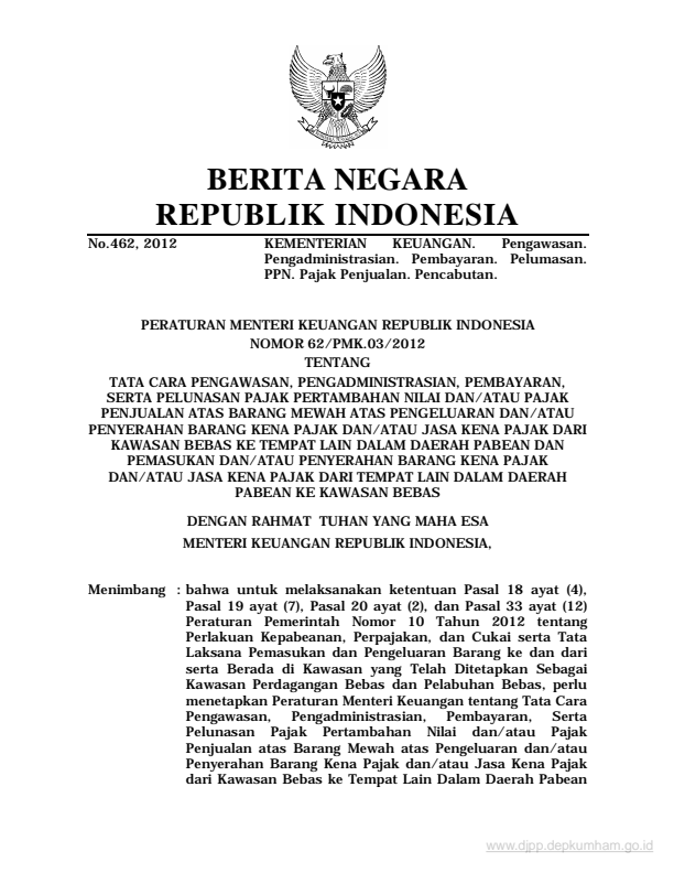 Peraturan Menteri Keuangan Nomor 62/PMK.03/2012