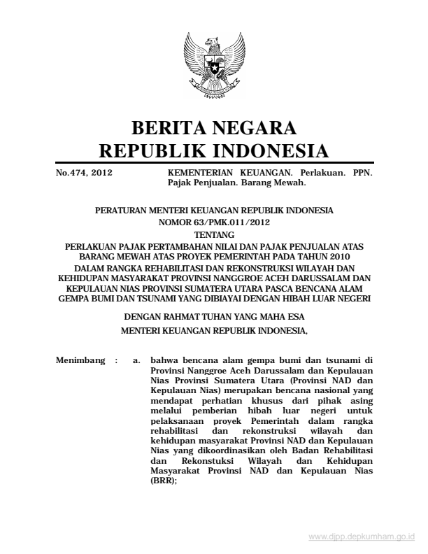 Peraturan Menteri Keuangan Nomor 63/PMK.011/2012