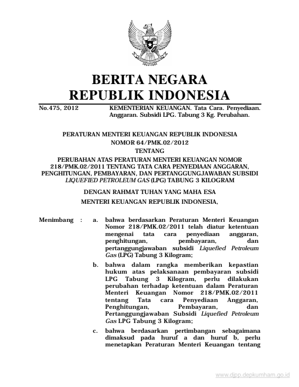 Peraturan Menteri Keuangan Nomor 64/PMK.02/2012