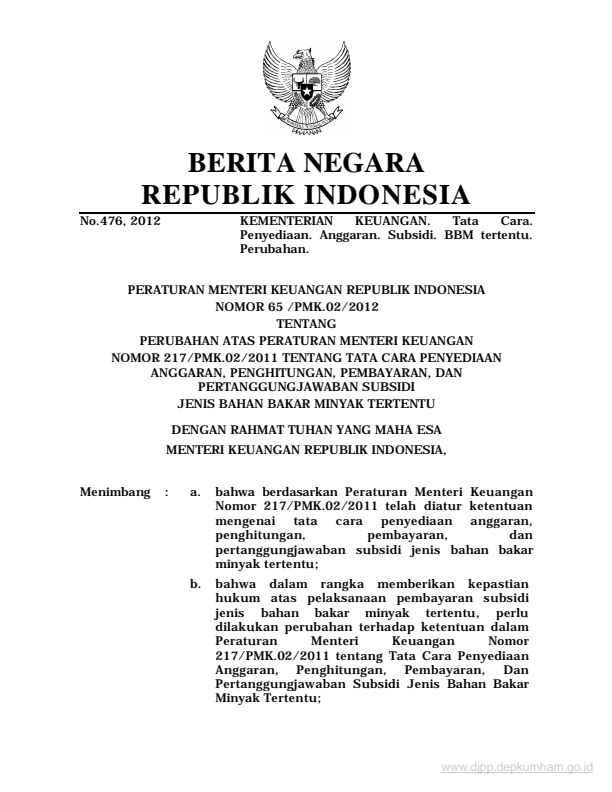 Peraturan Menteri Keuangan Nomor 65/PMK.02/2012