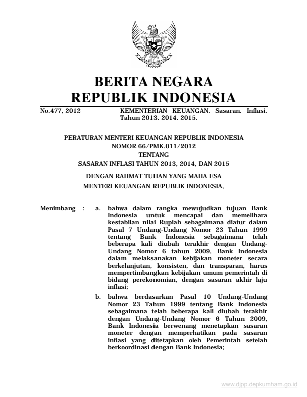 Peraturan Menteri Keuangan Nomor 66/PMK.011/2012