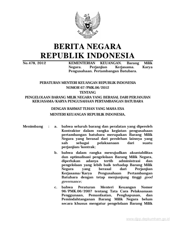 Peraturan Menteri Keuangan Nomor 67/PMK.06/2012