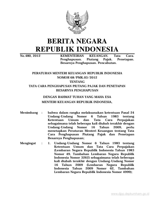 Peraturan Menteri Keuangan Nomor 68/PMK.03/2012