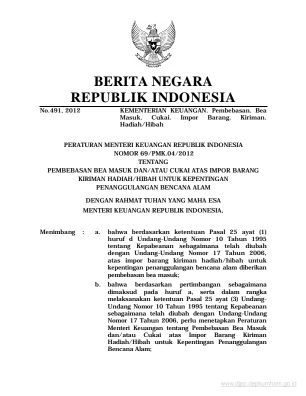 Peraturan Menteri Keuangan Nomor 69/PMK.04/2012