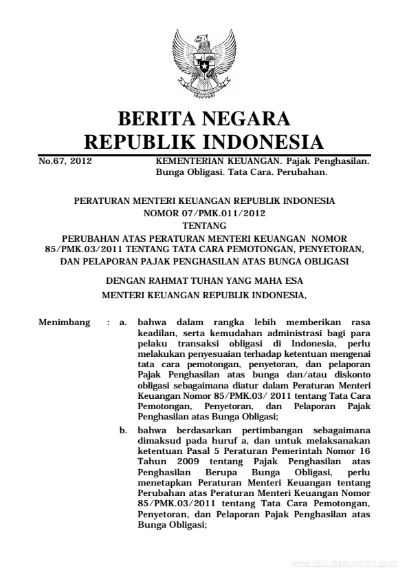 Peraturan Menteri Keuangan Nomor 07/PMK.011/2012