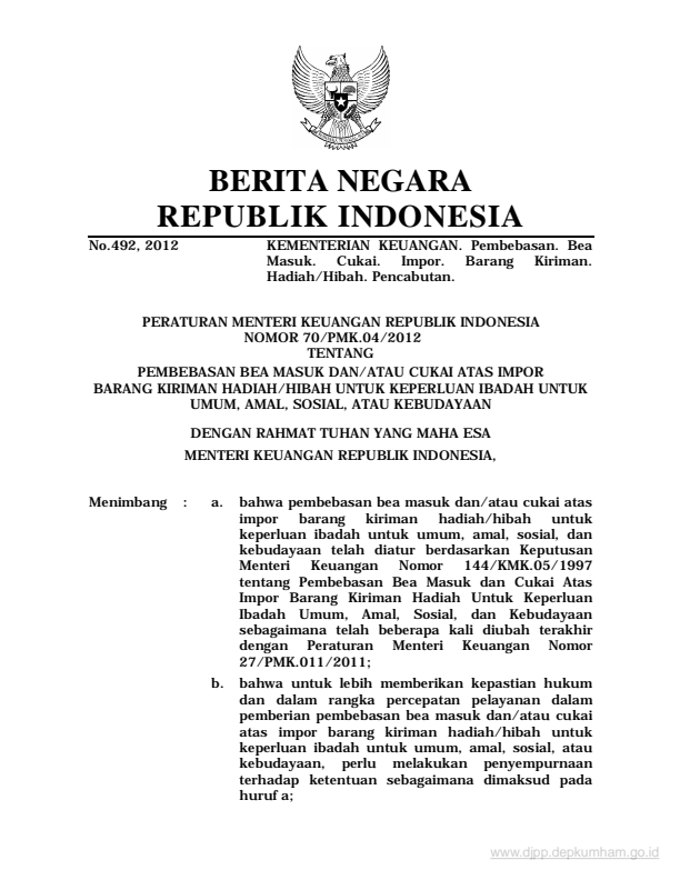 Peraturan Menteri Keuangan Nomor 70/PMK.04/2012