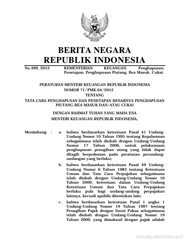 Peraturan Menteri Keuangan Nomor 71/PMK.04/2012