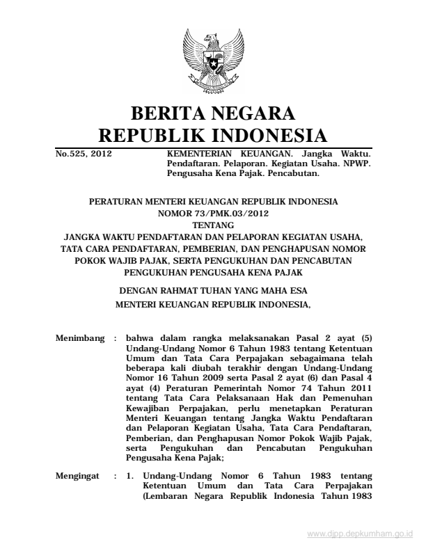 Peraturan Menteri Keuangan Nomor 73/PMK.03/2012