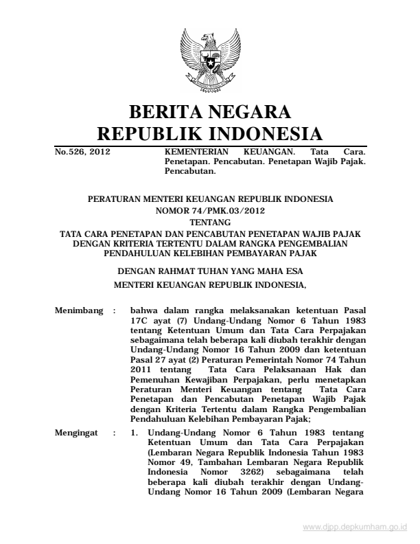 Peraturan Menteri Keuangan Nomor 74/PMK.03/2012