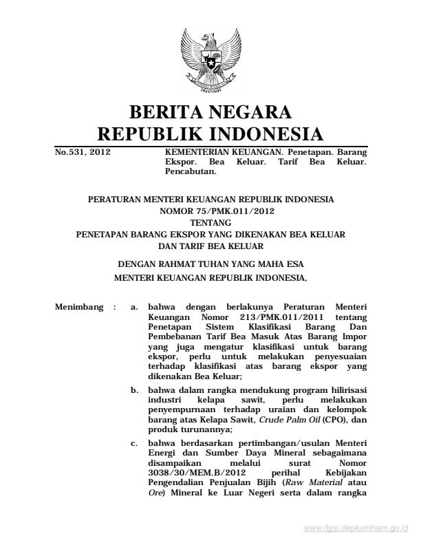 Peraturan Menteri Keuangan Nomor 75/PMK.011/2012