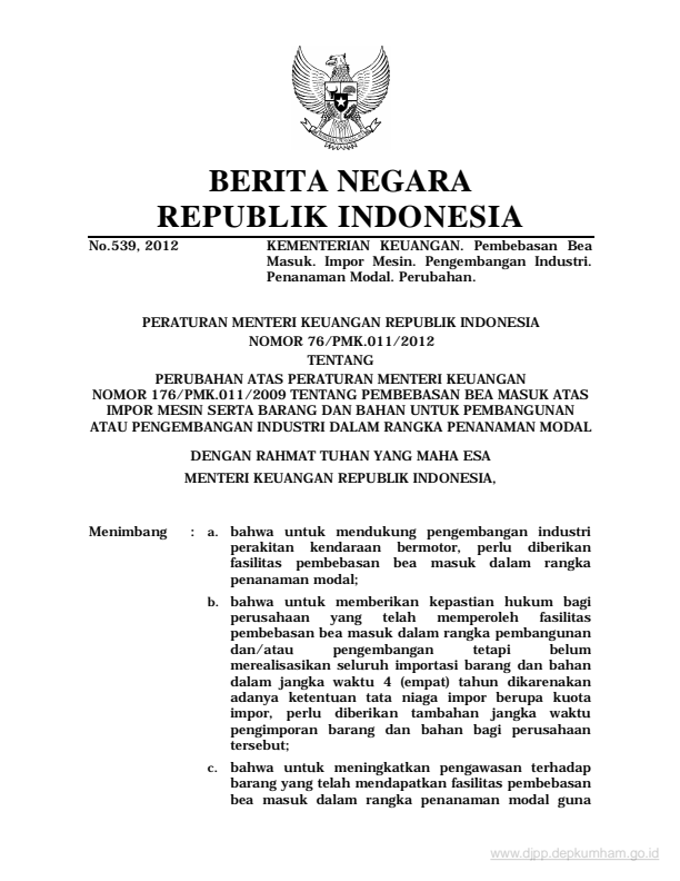 Peraturan Menteri Keuangan Nomor 76/PMK.011/2012