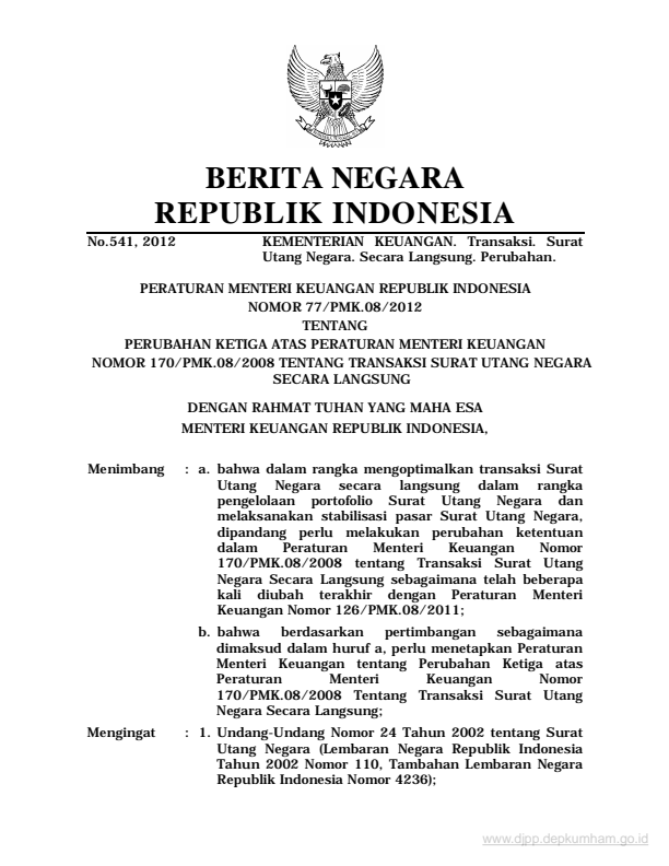 Peraturan Menteri Keuangan Nomor 77/PMK.08/2012