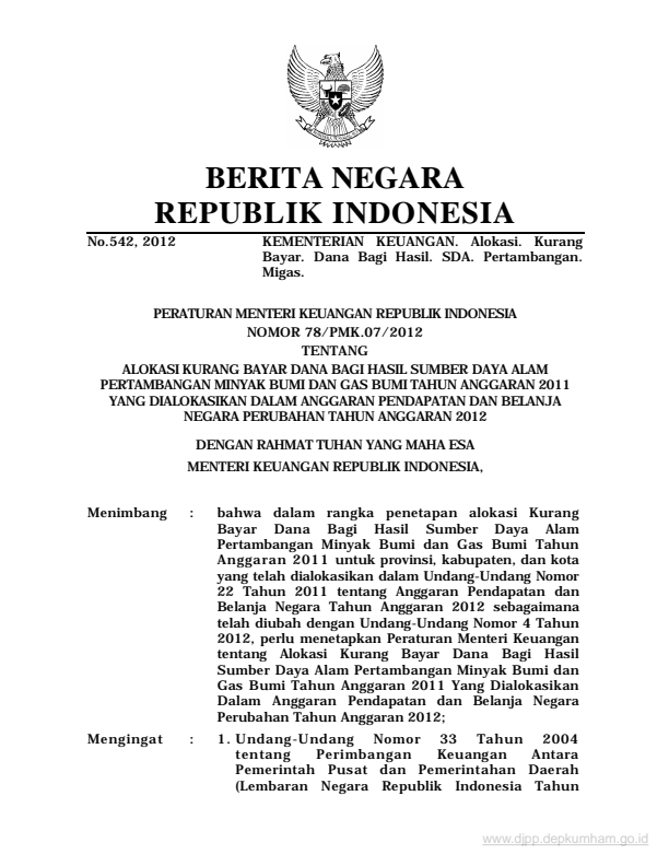 Peraturan Menteri Keuangan Nomor 78/PMK.07/2012