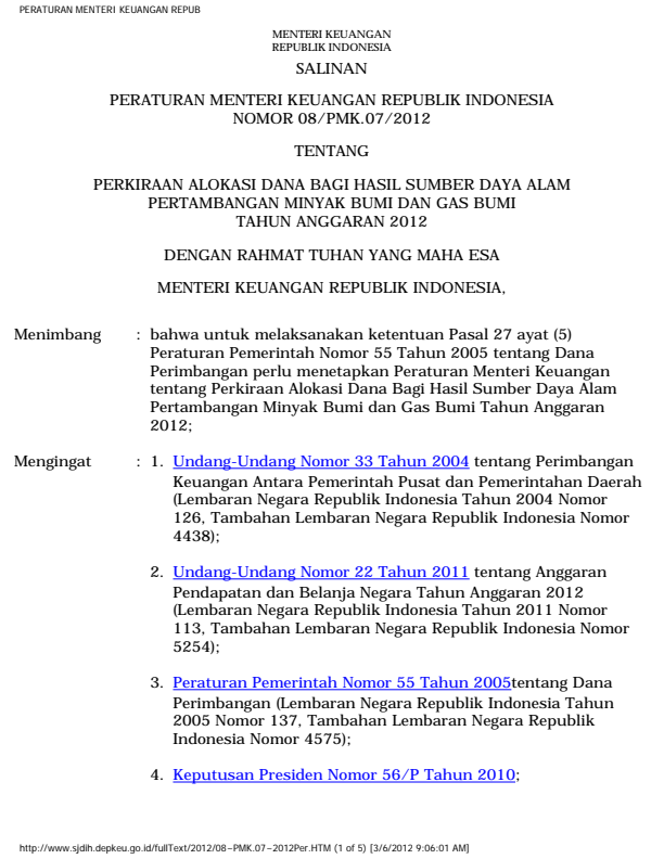 Peraturan Menteri Keuangan Nomor 08/PMK.07/2012