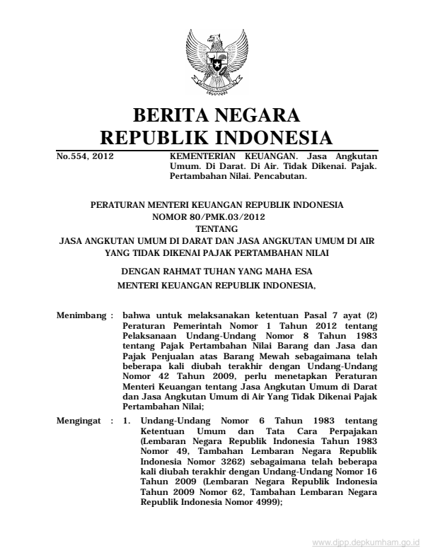 Peraturan Menteri Keuangan Nomor 80/PMK.03/2012