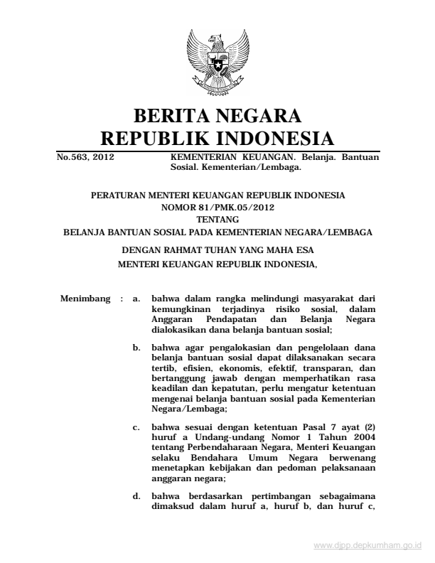 Peraturan Menteri Keuangan Nomor 81/PMK.05/2012